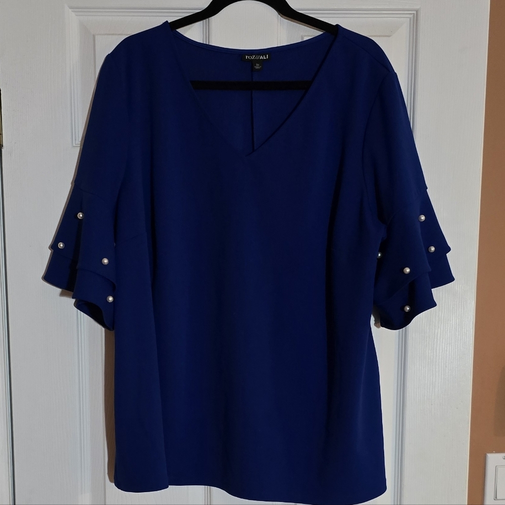 Roz & Ali Royal Blue Blouse with Pearl Accents